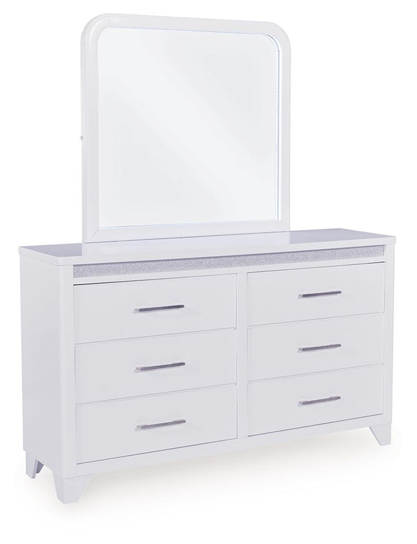 This dresser with mirror is a showstopper, bringing a touch of modern glamour to your sanctuary. A sleek white finish and inset glitter accents create a luxurious feel, while six spacious drawers provide ample storage for your wardrobe. The mirrorÐ²Ð‚â„¢s