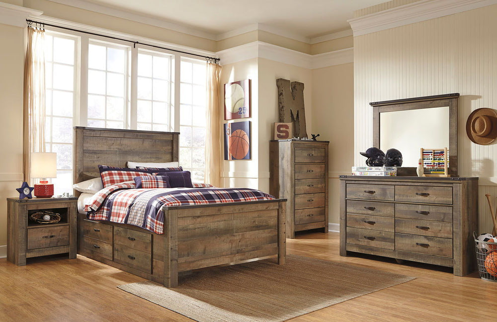 Whether she loves horses or he-'s a cowboy at heart, this full bookcase bed with under bed storage matches their authenticity. Rustic finish, plank-style details and nailhead trim pay homage to reclaimed barn wood, making for a chic look loaded with charm