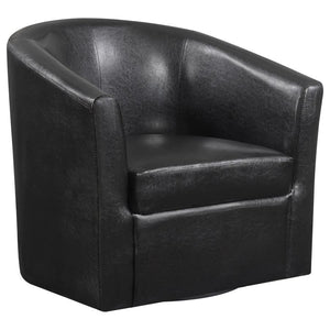 Freedom of movement adds a fresh upgrade to this swivel chair. Barrel-back design creates a comfortable seating experience and a tribute to retro fare. With dark brown leatherette upholstery, it-'s both inviting and easy to care for. Play up a bold print 