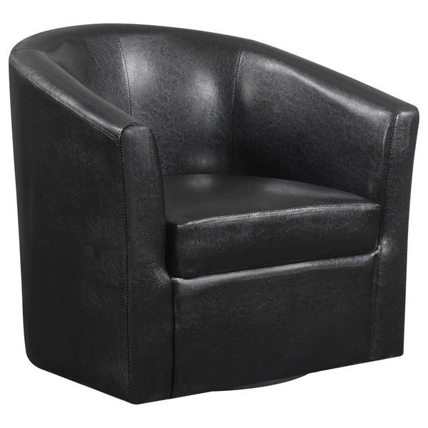 Freedom of movement adds a fresh upgrade to this swivel chair. Barrel-back design creates a comfortable seating experience and a tribute to retro fare. With dark brown leatherette upholstery, it-'s both inviting and easy to care for. Play up a bold print 