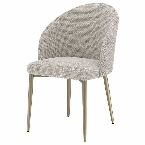 The Cora dining set with its luxurious golden champagne finish, exudes modern elegance. The sleek marble top paired with its stylish pedestal base creates a stunning focal point for any dining room. Perfect for hosting intimate dinners or festive gatherin