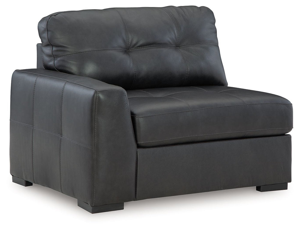 This left-arm facing corner chair is made with a combination of 100% top grain leather and faux leather upholstery. Fully finished on all sides, it pairs with other items in the series to make a modular sectional.<br><br><b>Additional Dimensions</b><br><u