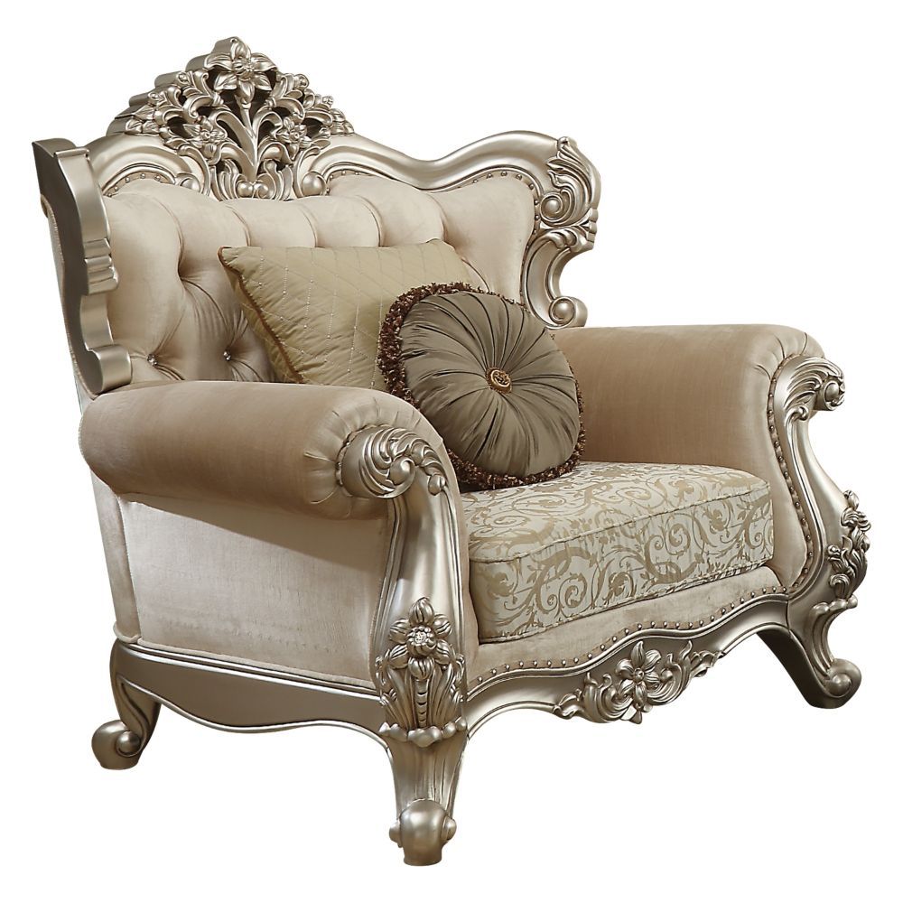 Unassemble Back (Back Could unassembly to make it easier to lift and move), w/Pillowsâ€¢ Carved Floral Crown, Arched-Scrolled Trim with Nailhead Trim: Champagne Finish, Poplar Wood (Front Armrest, Leg & Base) â€¢ Backrest Style: Wingback with Crystal-like