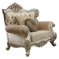 Unassemble Back (Back Could unassembly to make it easier to lift and move), w/Pillowsâ€¢ Carved Floral Crown, Arched-Scrolled Trim with Nailhead Trim: Champagne Finish, Poplar Wood (Front Armrest, Leg & Base) â€¢ Backrest Style: Wingback with Crystal-like