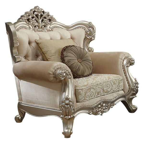 Unassemble Back (Back Could unassembly to make it easier to lift and move), w/Pillowsâ€¢ Carved Floral Crown, Arched-Scrolled Trim with Nailhead Trim: Champagne Finish, Poplar Wood (Front Armrest, Leg & Base) â€¢ Backrest Style: Wingback with Crystal-like