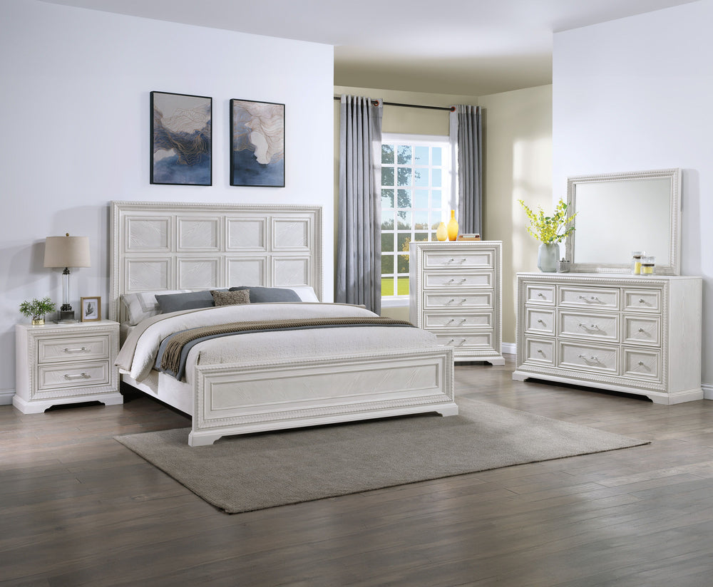 Introducing a bedroom collection that brings a breath of fresh sophistication to any living space. This suite boasts a bright, antique white finish that immediately brightens and opens up a room, providing a versatile foundation for any decor style. The b