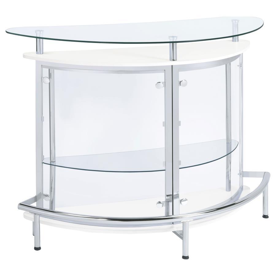 Upgrade your home entertainment options with this gorgeous, contemporary bar unit. With a convenient wine glass rack and ample storage space, it easily accommodates a wide variety of stemware, bar accessories, and cocktail ingredients. Graceful and glamor
