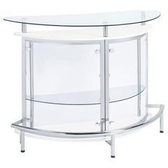 Upgrade your home entertainment options with this gorgeous, contemporary bar unit. With a convenient wine glass rack and ample storage space, it easily accommodates a wide variety of stemware, bar accessories, and cocktail ingredients. Graceful and glamor