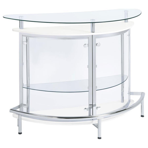 Upgrade your home entertainment options with this gorgeous, contemporary bar unit. With a convenient wine glass rack and ample storage space, it easily accommodates a wide variety of stemware, bar accessories, and cocktail ingredients. Graceful and glamor