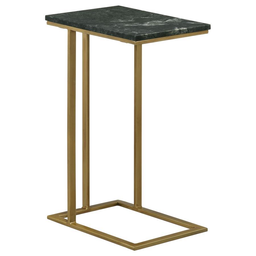 Keep a drink or snack close by as you watch a favorite TV series. This contemporary accent table offers a spacious surface area for mugs, tablets and more with its classically designed marble top. The smooth and polished marble top rests on an iron cantil