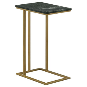 Keep a drink or snack close by as you watch a favorite TV series. This contemporary accent table offers a spacious surface area for mugs, tablets and more with its classically designed marble top. The smooth and polished marble top rests on an iron cantil
