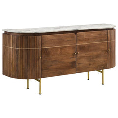 Exuding stylish personality, this contemporary server is a chic blend of mid-century and more updated design ideals. Ample interior storage is showcased behind four doors that create an oval silhouette, offering dimension and visual interest to a kitchen 