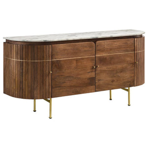 Exuding stylish personality, this contemporary server is a chic blend of mid-century and more updated design ideals. Ample interior storage is showcased behind four doors that create an oval silhouette, offering dimension and visual interest to a kitchen 
