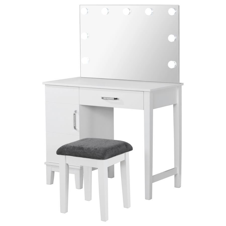 Seize the day and get ready with the help of your new vanity set. This white vanity set displays Hollywood glam with its nine lights built into the mirror. The vanity table is simplistic in design with one drawer and one cabinet. Take a seat on the soft a