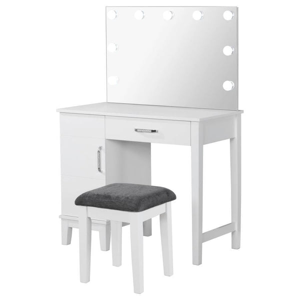 Seize the day and get ready with the help of your new vanity set. This white vanity set displays Hollywood glam with its nine lights built into the mirror. The vanity table is simplistic in design with one drawer and one cabinet. Take a seat on the soft a