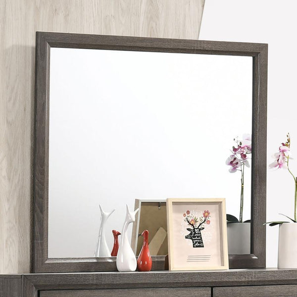  the light wood from this grey square mirror sets it apart from the rest. Constructed of oak