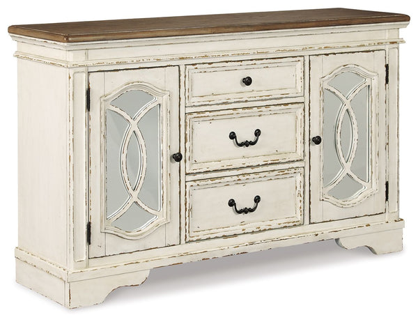 Serve up a French country-inspired feast for the eyes with this dining room server. Unique elements include cabinet storage beautified with decorative fretwork over mirrored glass and a doubly charming two-tone aesthetic pairing a chipped white with a dis