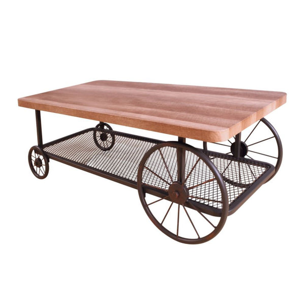 Get on board with the industrial style movement with the Francie occasional tables, it confirms you are hip by having this fun table in your living room. This table features a butcher block top and metal mesh lower shelf supported by wheels in the form of