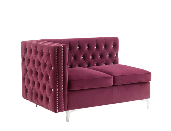 Nothing screams luxury like this Jaszira modular upholstery group. Each piece is enveloped in a luxurious velvet upholstery and showcasing button tufting, and a nail head trim accent for a tailored touch. Foam padding offers comfortable cushioning. Design