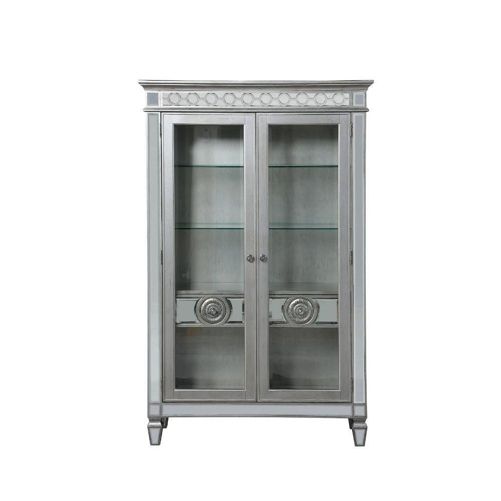 Curio Cabinet Storage: 2 Glass Front Doors (Inside: 5 Compartments with 3 Glass Shelves & Drawers) Wooden Frame, Raised Geometric Trim, Beveled-Mirror Inlay, Tapered Leg (Wood Side Panels