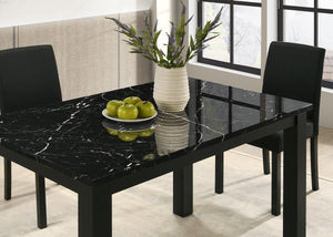  minimalist design that-'s both stylish and practical. The centerpiece is a contemporary table featuring a sophisticated faux-marble top that elevates the aesthetic while providing a durable and easy