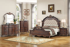 The Constantine 5 Piece Wood Bedroom Set by Royal Classics offers timeless elegance and unparalleled craftsmanship. This exquisite set includes a stately Panel Bed, Dresser, Mirror, Chest, and Nightstand in a rich Cherry finish. Crafted from a blend of So