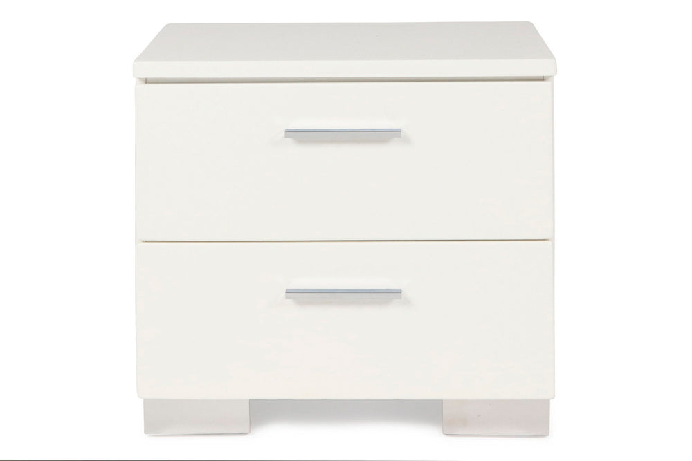 Enhance your bedroom with the Sapphire Modern 2-Drawer Nightstand in high gloss white. Constructed from high-quality manufactured wood, this nightstand features a smooth, ripple-free surface and a glossy white laminate finish for a sleek, contemporary loo