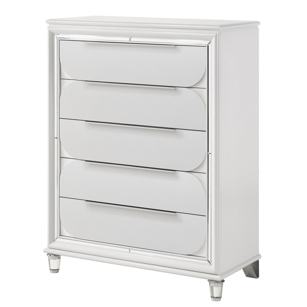 Modern & Elegant Design, Large Capacity Storage: 5 Storage Drawers Durable & Long-Lasting Structure: Solid Wood & Composite Wood, Texture Increased Design: Acrylic Crystal Legs & Embossed Drawer Front., Easy to Assemble: All Hardware & Instructions are In
