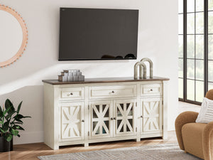  youâ€™ll find this TV stand perfectly in tune. Its two-tone finish pairs a trendy textured antiqued white with weathered gray for that much more quaint character. Charming elements inc