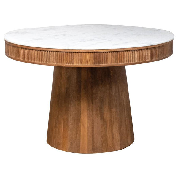 Introduce elegance into your dining space with our round white marble top dining table. The luxurious marble top adds a touch of sophistication, while the solid mango wood base with vertical fluting detail enhances the overall aesthetic. This exquisite ta