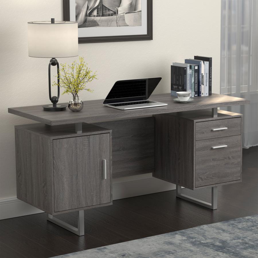 Chic and modern, this wooden writing desk creates a gorgeous focal point in any home office. Sleek lines of silver finish metal create a sturdy foundation for its stylish design. A rectangular, floating tabletop adds visual intrigue to its clean silhouett