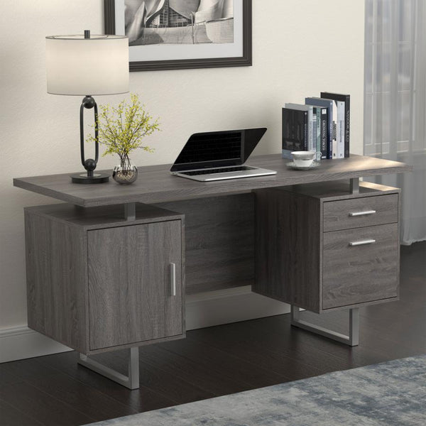  this wooden writing desk creates a gorgeous focal point in any home office. Sleek lines of silver finish metal create a sturdy foundation for its stylish design. A rectangular