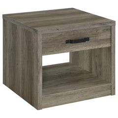 Bring rustic charm to your living room or bedroom with this versatile end table. Featuring a weathered gray finish over engineered wood and scratch-resistant veneer, it delivers a natural wood-look design. The table includes a spacious drawer with a bold 