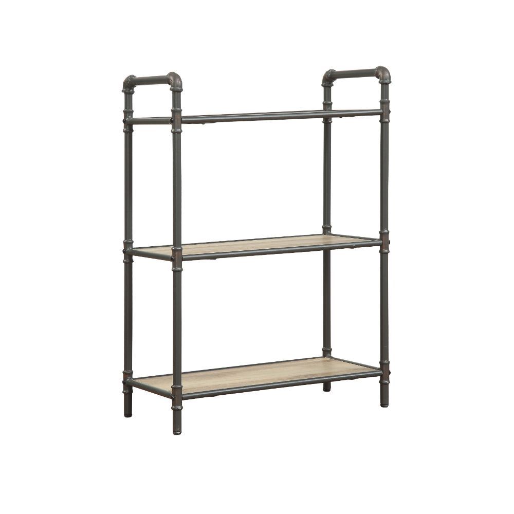If you-'re a fan of urban industrial design, it-'s easy to see why the Itzel bookcase is a bestseller. The sandy gray frame is sleek, sculptural and ultra modern. Beautified with an antique oak finish, three gallery shelves stack up to great form and func