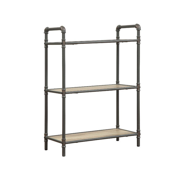 If you-'re a fan of urban industrial design, it-'s easy to see why the Itzel bookcase is a bestseller. The sandy gray frame is sleek, sculptural and ultra modern. Beautified with an antique oak finish, three gallery shelves stack up to great form and func