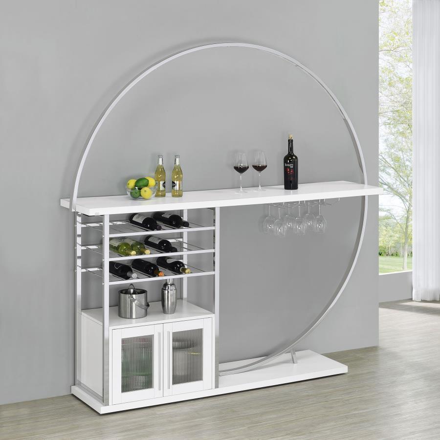 Transform your space into a beacon of style with this contemporary home bar that marries function with cutting-edge design. Bathed in the glow of LED lighting with a choice of eight vibrant colors, this piece becomes the centerpiece of any entertainer-'s 