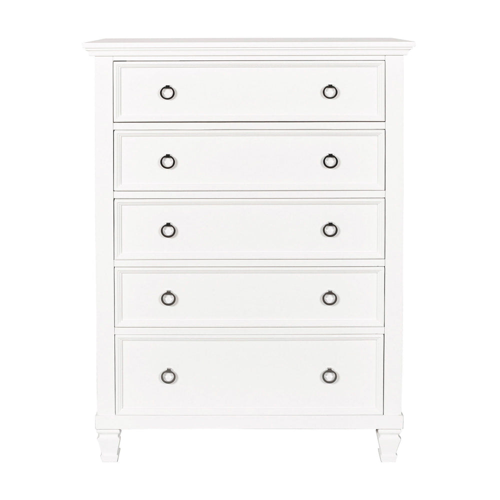 The Tamarack Five Drawer Chest is crafted of real wood solids and veneers for durability and strength. This space-saving 50" tall dresser provides ample storage in a compact area. The gleaming bright white finish is complemented by silver finished round d