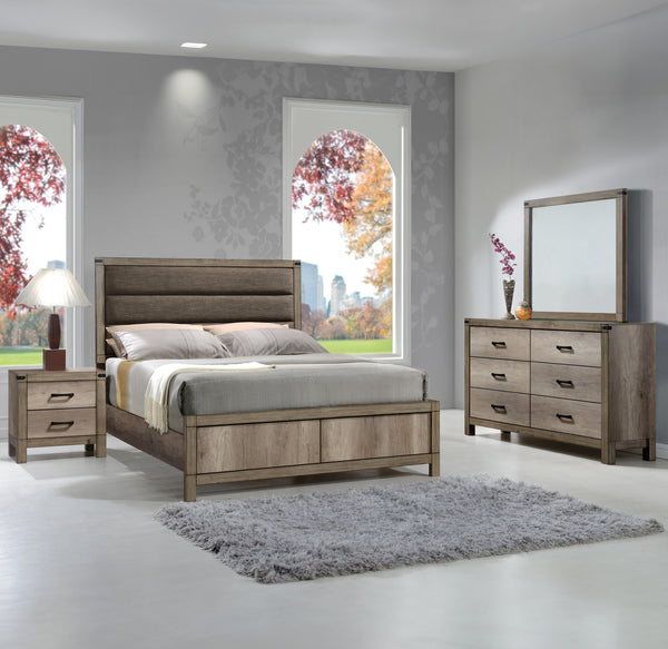 This modern bedroom collection features a clean-lined design with a stylish weathered gray finish. Sturdy and practical, each piece is equipped with ample storage and smooth metal hardware. The bed-'s bold headboard is a standout element, making it the fo