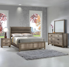 This modern bedroom collection features a clean-lined design with a stylish weathered gray finish. Sturdy and practical, each piece is equipped with ample storage and smooth metal hardware. The bed-'s bold headboard is a standout element, making it the fo