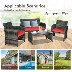Rattan patio set includes one loveseat  two single chairs and one coffee table. <br>Made of high-quality rattan with strong built-in frame structure <br>Functional and beautiful design perfect for garden  backyard and balcony <br>Rattan coffee table with 