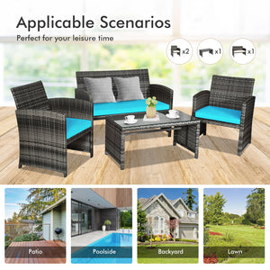 Rattan patio set includes one loveseat  two single chairs and one coffee table. <br>Made of high-quality rattan with strong built-in frame structure <br>Functional and beautiful design perfect for garden  backyard and balcony <br>Rattan coffee table with 