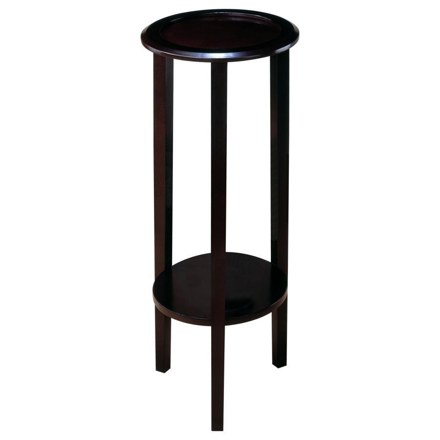This side table or plant stand showcases an elegant design with smooth, flowing curves, skillfully combining hardwood and engineered wood in its construction for optimal strength and style. The round top, crafted from basswood veneer, is finished in a bea