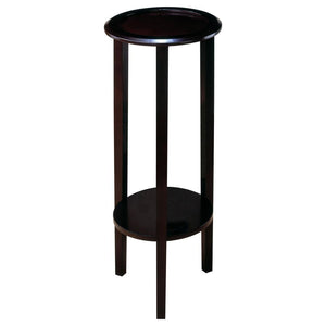 This side table or plant stand showcases an elegant design with smooth, flowing curves, skillfully combining hardwood and engineered wood in its construction for optimal strength and style. The round top, crafted from basswood veneer, is finished in a bea