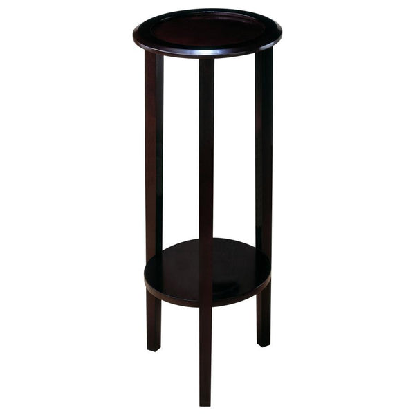 This side table or plant stand showcases an elegant design with smooth, flowing curves, skillfully combining hardwood and engineered wood in its construction for optimal strength and style. The round top, crafted from basswood veneer, is finished in a bea