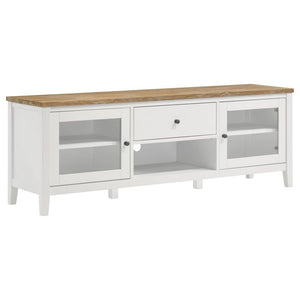 Versatility is a definite plus in the design of this charming transitional wood TV stand. Spacious and equipped with plenty of storage room, this console creates a breezy look with cottage, coastal, and farmhouse influence. A rectangular brown finish ash 