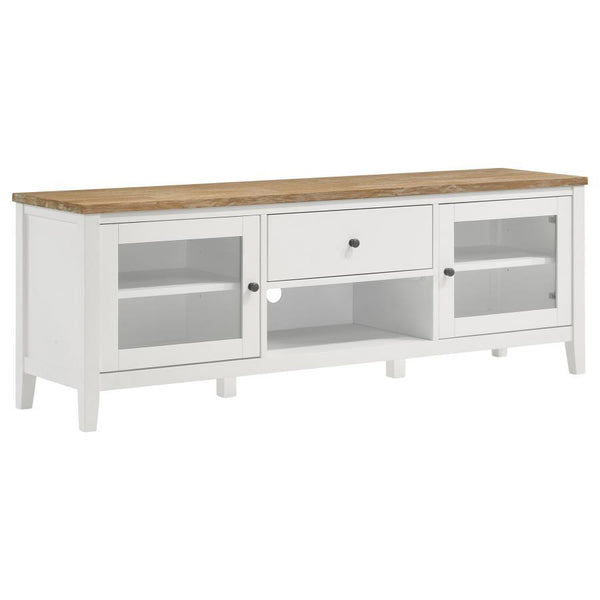 Versatility is a definite plus in the design of this charming transitional wood TV stand. Spacious and equipped with plenty of storage room, this console creates a breezy look with cottage, coastal, and farmhouse influence. A rectangular brown finish ash 