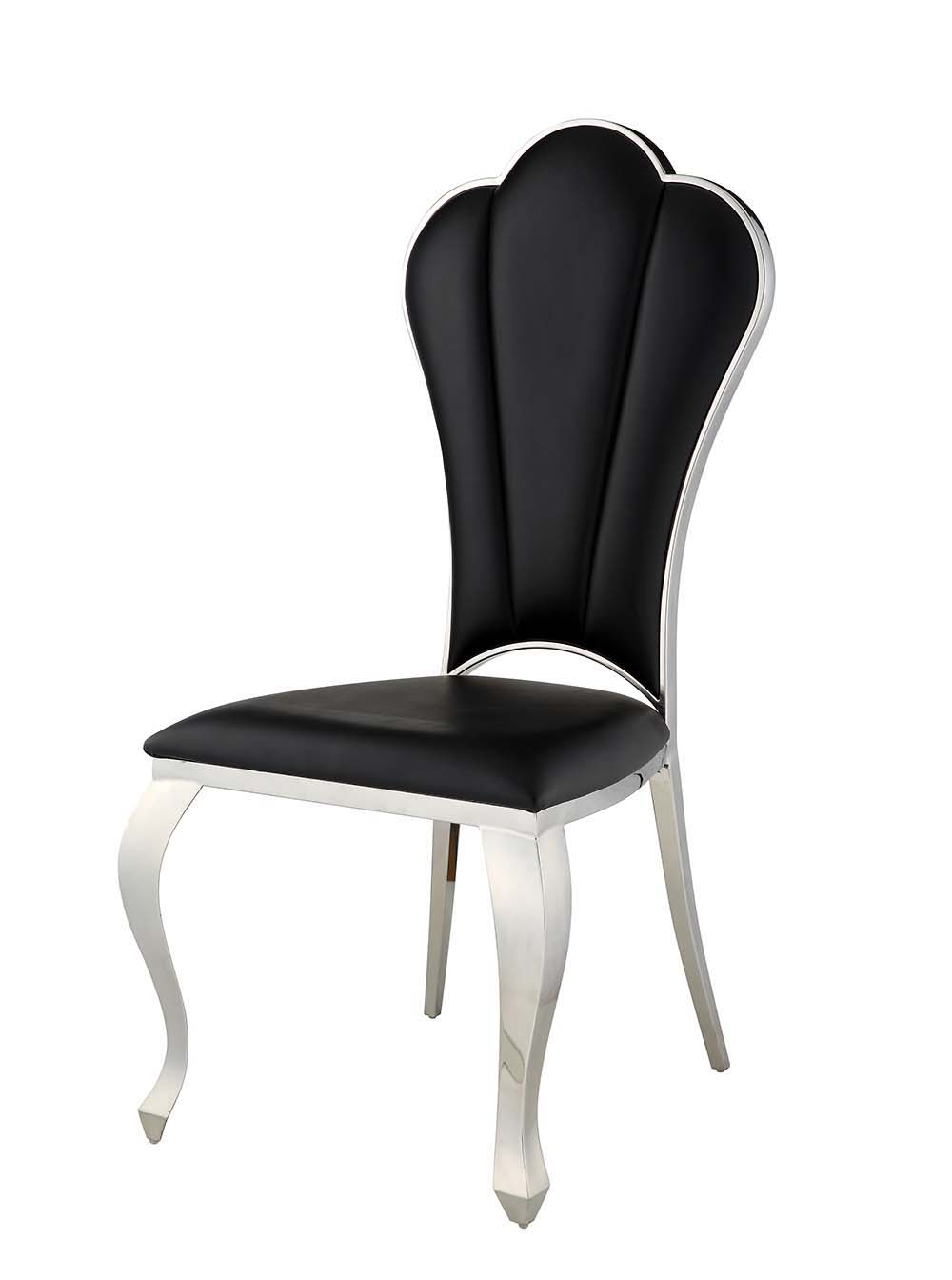 The Cyrene side chairs offer a visually stunning place to sit on and enjoy meals. The chairs are beautifully scalloped and are accentuated with a shiny stainless-steel frame. The black PU upholstery is SOFT and stylish. The padded seats offer plenty of su