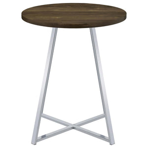  this sleek modern bar table invites you stand and converse around or pull up a coordinating rustic-inspired bar stool. Slim metal bars in a bright