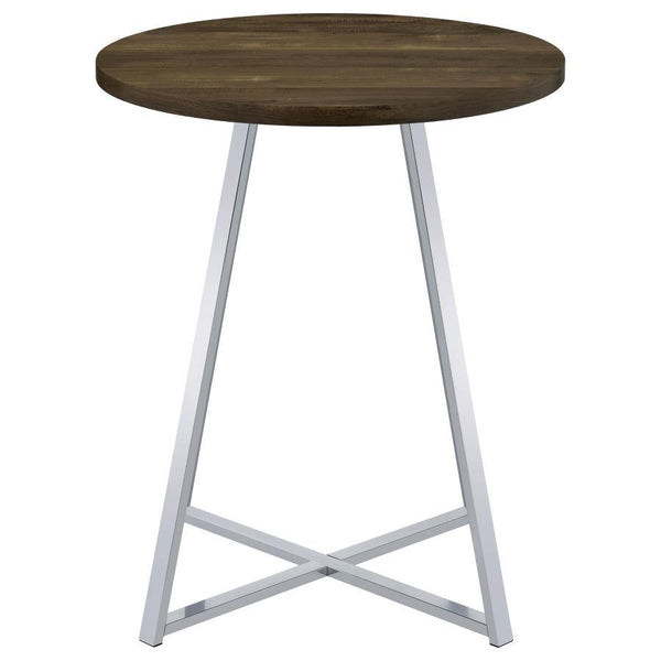  this sleek modern bar table invites you stand and converse around or pull up a coordinating rustic-inspired bar stool. Slim metal bars in a bright