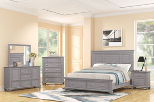 The Jamestown 5-Piece Wood Bedroom Set in Gray is a perfect fusion of style, durability, and functionality, designed to create a sophisticated and organized bedroom space. This set includes a Panel Bed with a storage footboard, Dresser, Mirror, Nightstand